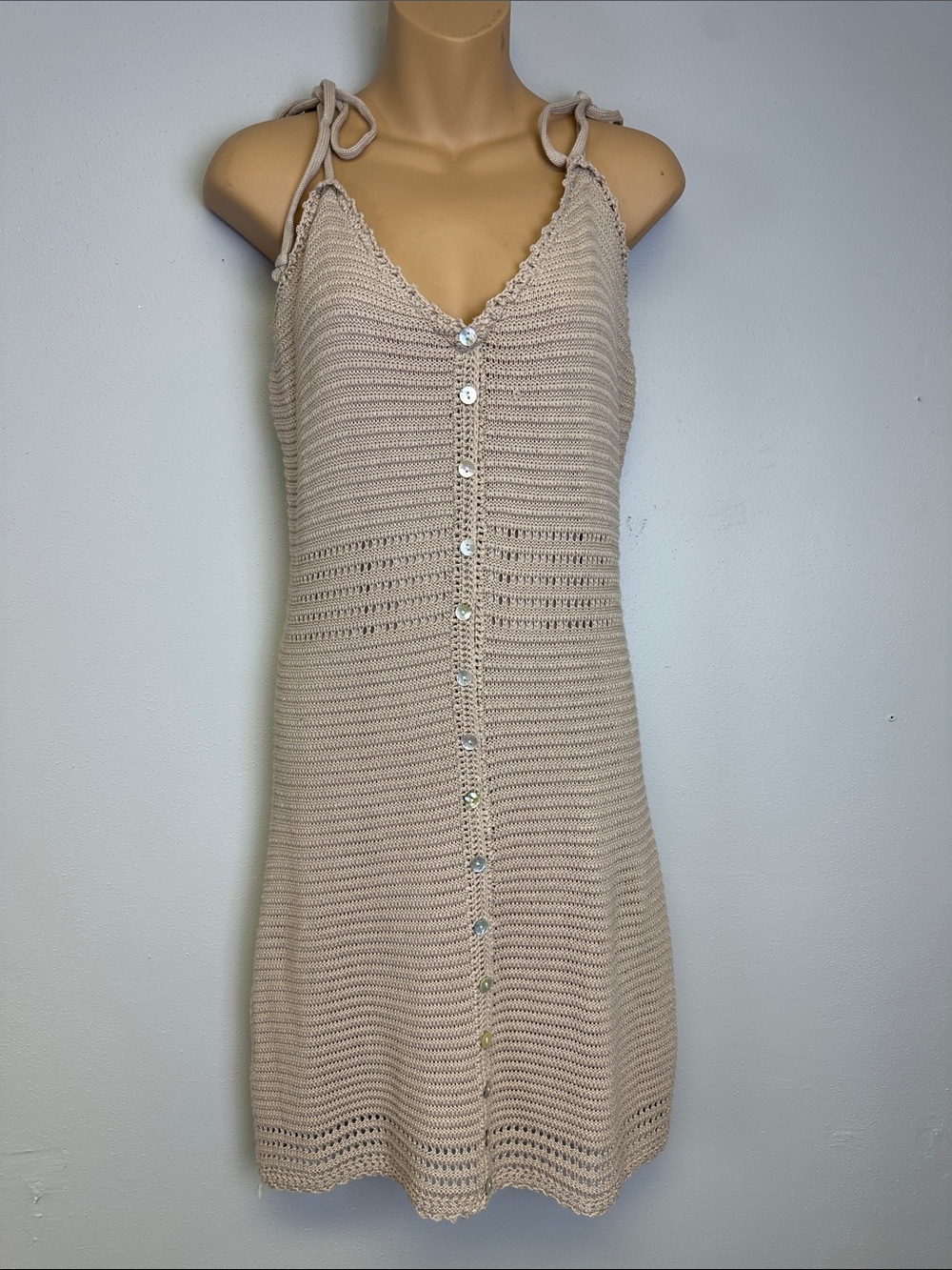 Olive & Oak Crochet Tie-Shoulder Mini Dress in Beige